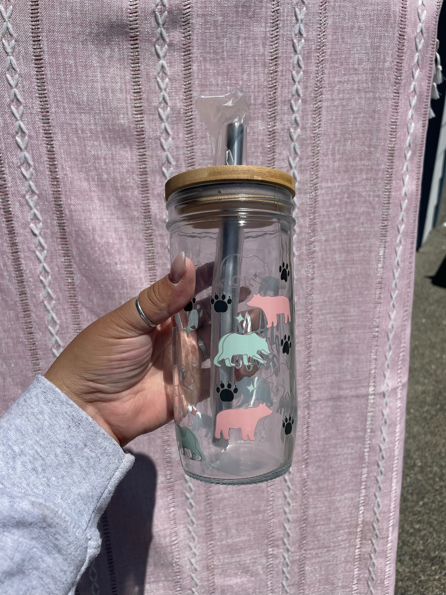 Mama Bear Glass Cups- Smoothie Cup. Bubble Tea. Aesthetic Cup. 24 OZ.