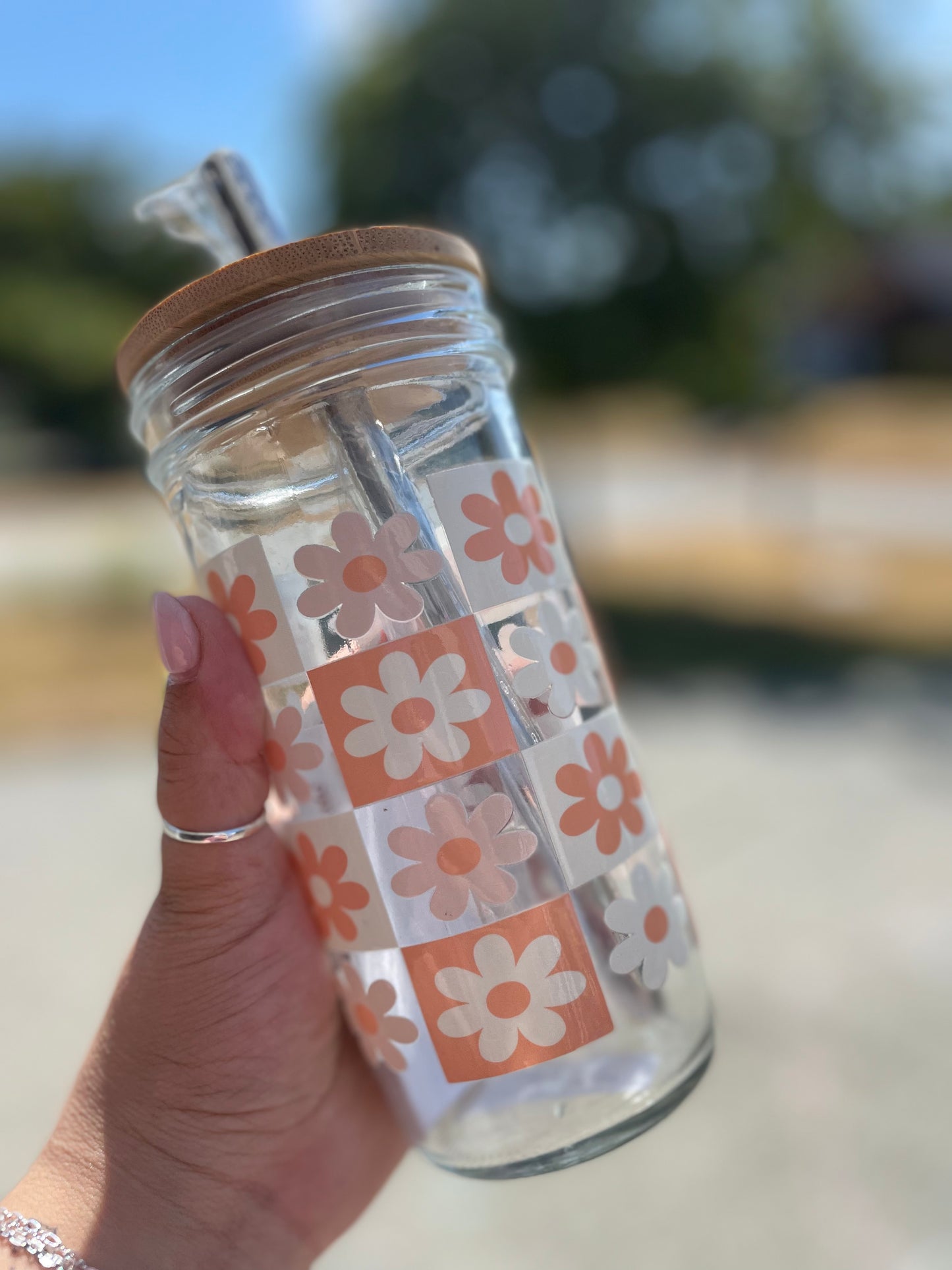 Orange Daisy Glass Cups- Smoothie Cup. Bubble Tea. Aesthetic Cup. 24 OZ.