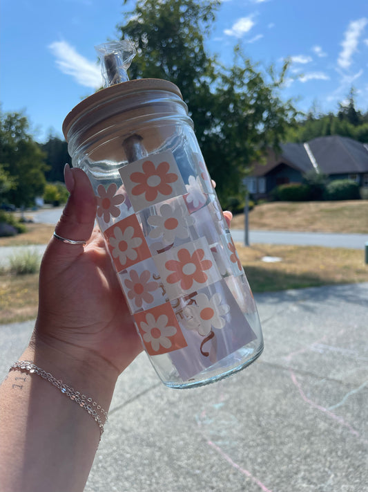 Orange Daisy Glass Cups- Smoothie Cup. Bubble Tea. Aesthetic Cup. 24 OZ.