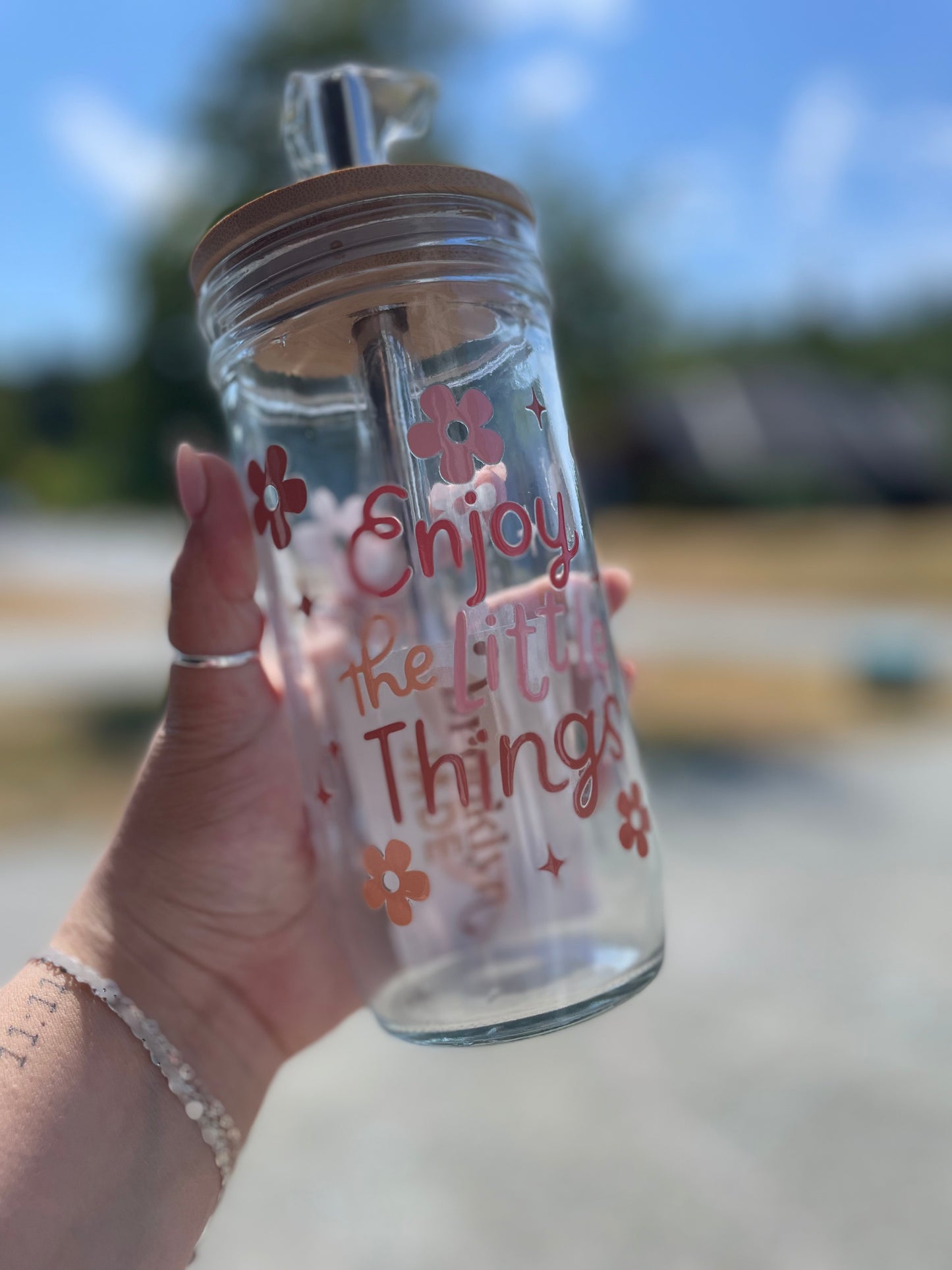 Enjoy The Little Things Glass Cups- Smoothie Cup. Bubble Tea. Aesthetic Cup. 24 OZ.