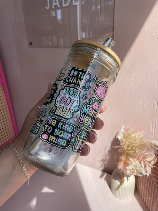 Mental Health Matters Affirmation Glass Cups- Smoothie Cup. Bubble Tea. Aesthetic Cup. 24 OZ.