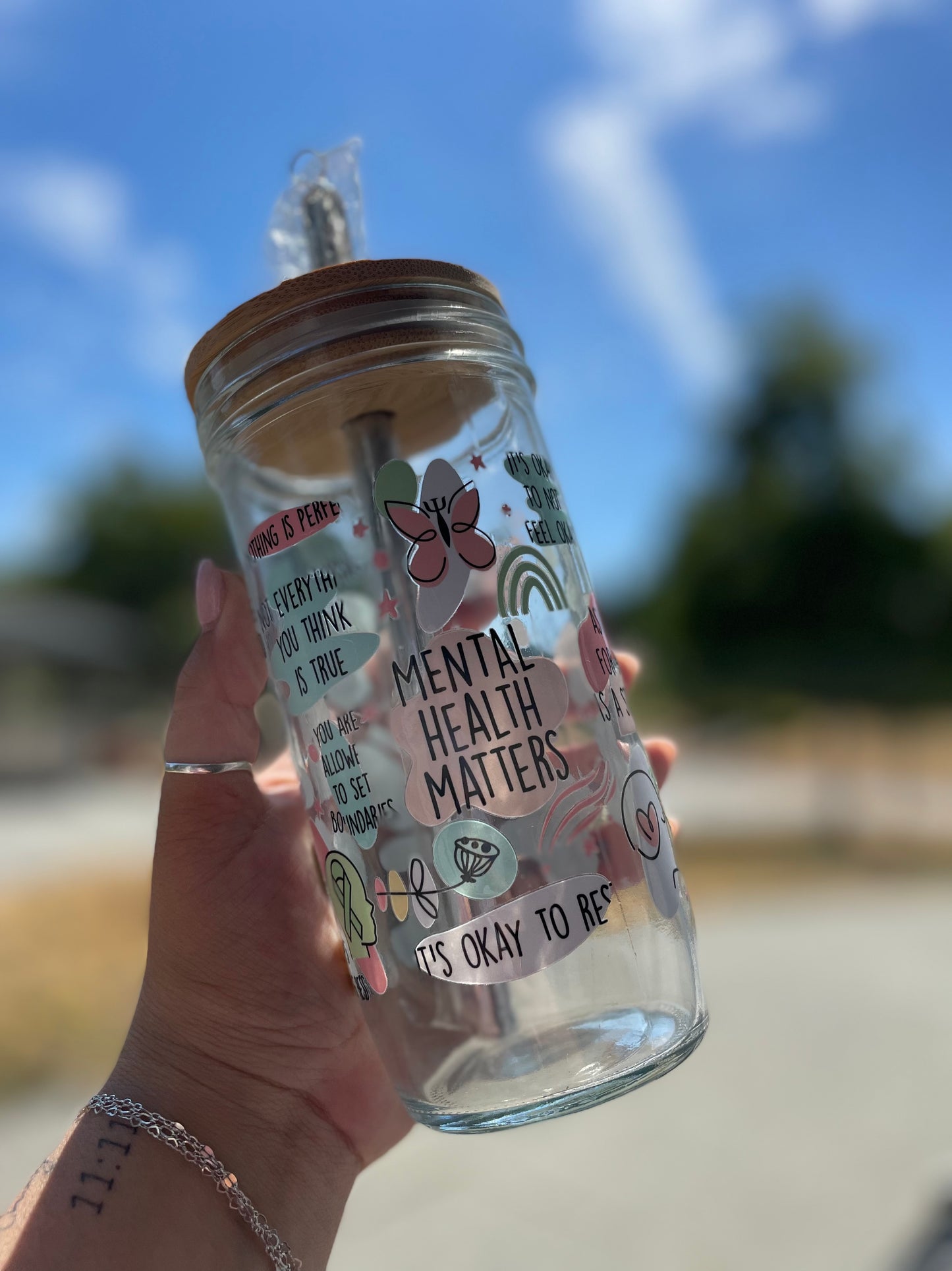 Mental Health Matters Glass Cups- Smoothie Cup. Bubble Tea. Aesthetic Cup. 24 OZ.