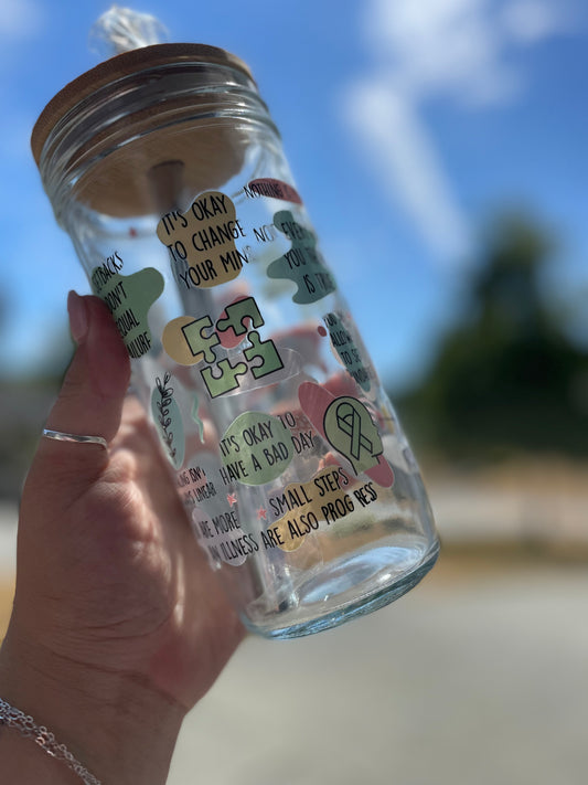 Mental Health Matters Glass Cups- Smoothie Cup. Bubble Tea. Aesthetic Cup. 24 OZ.