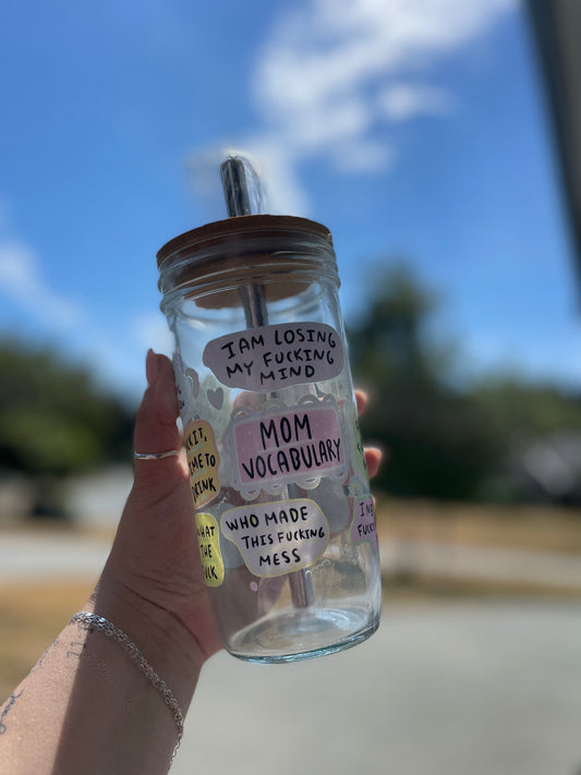 Mom Vocabulary Glass Cups- Smoothie Cup. Bubble Tea. Aesthetic Cup. 24 OZ.