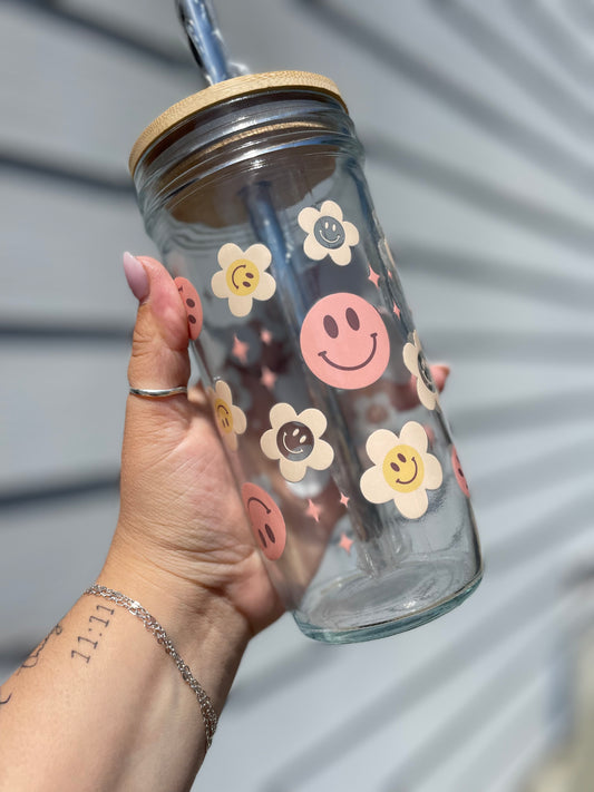 Groovy Smiley Glass Cups- Smoothie Cup. Bubble Tea. Aesthetic Cup. 24 OZ.
