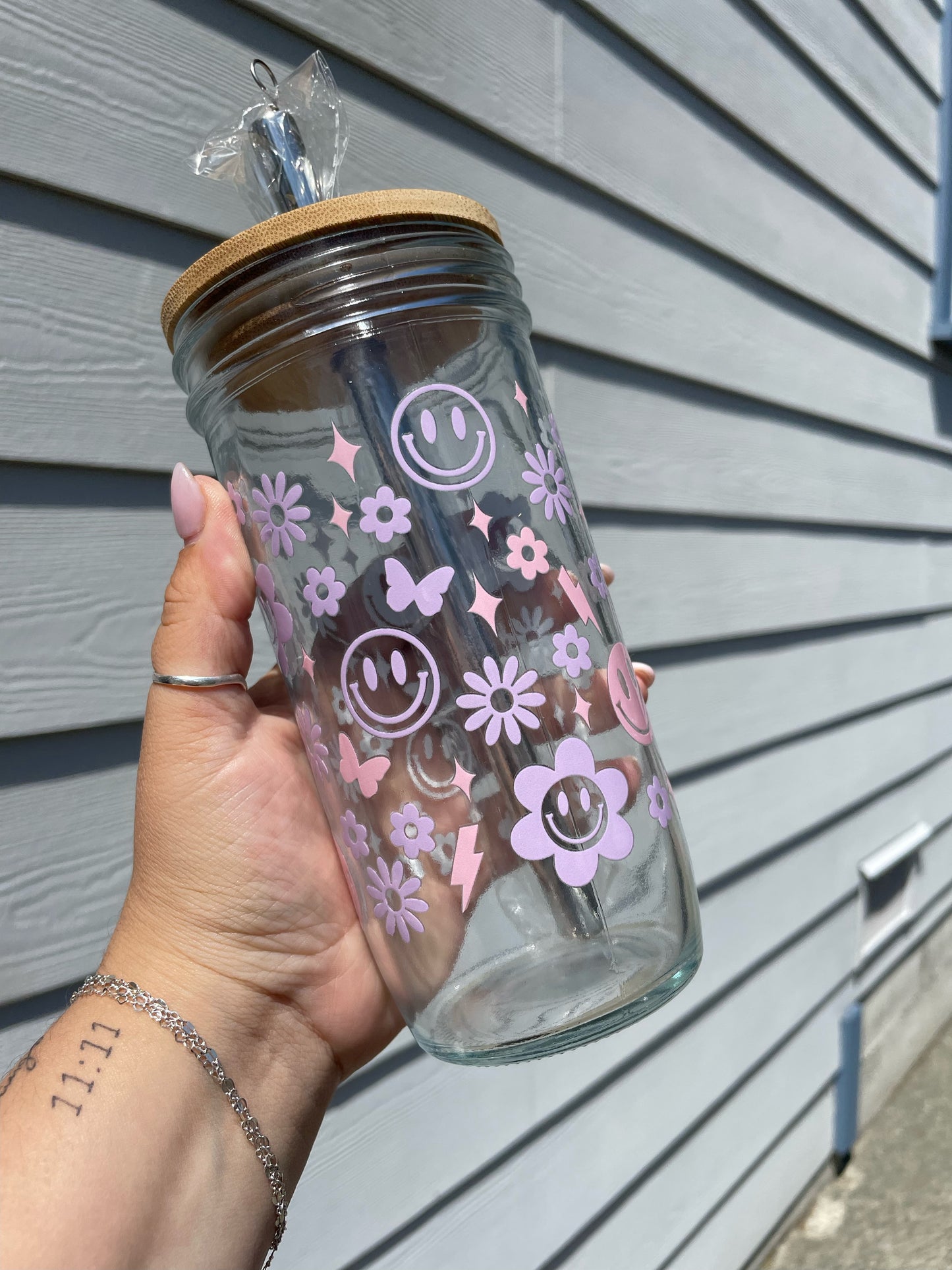 Pink and & Purple Smiley Glass Cups- Smoothie Cup. Bubble Tea. Aesthetic Cup. 24 OZ.