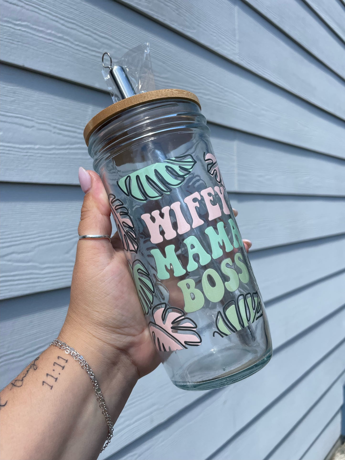 Wifey, Mama, Boss Glass Cups- Smoothie Cup. Bubble Tea. Aesthetic Cup. 24 OZ.