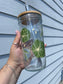 Green & Gold Flowers Glass Cups- Smoothie Cup. Bubble Tea. Aesthetic Cup. 24 OZ.