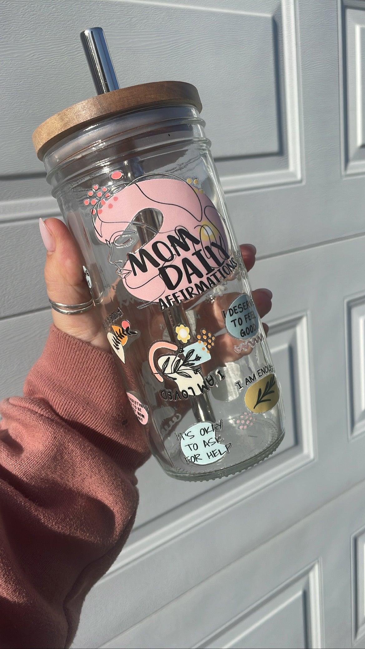 Mom Affirmations Glass Cups- Smoothie Cup. Bubble Tea. Aesthetic Cup. 24 OZ.