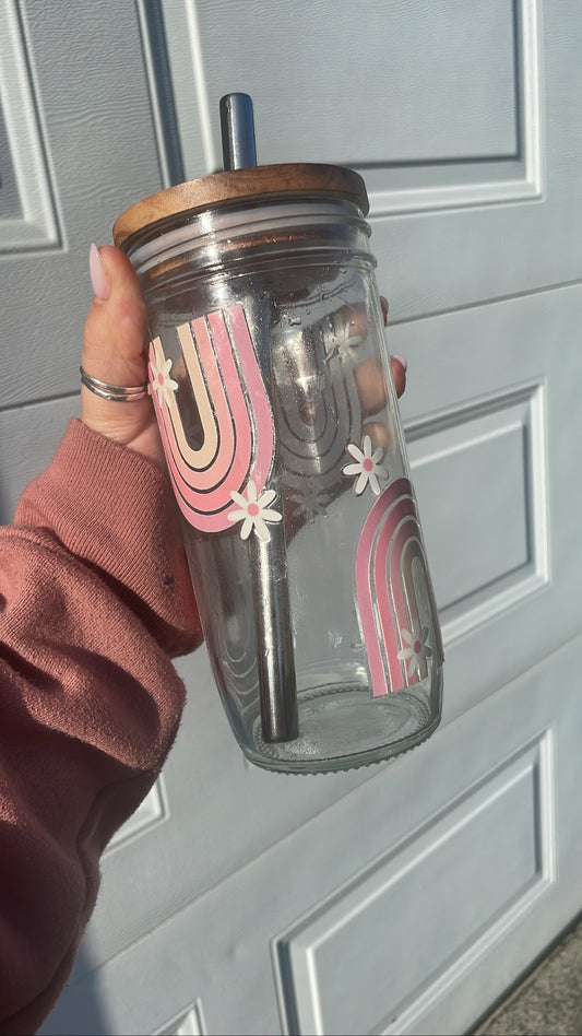 Pink Boho Rainbows Glass Cups- Smoothie Cup. Bubble Tea. Aesthetic Cup. 24 OZ.
